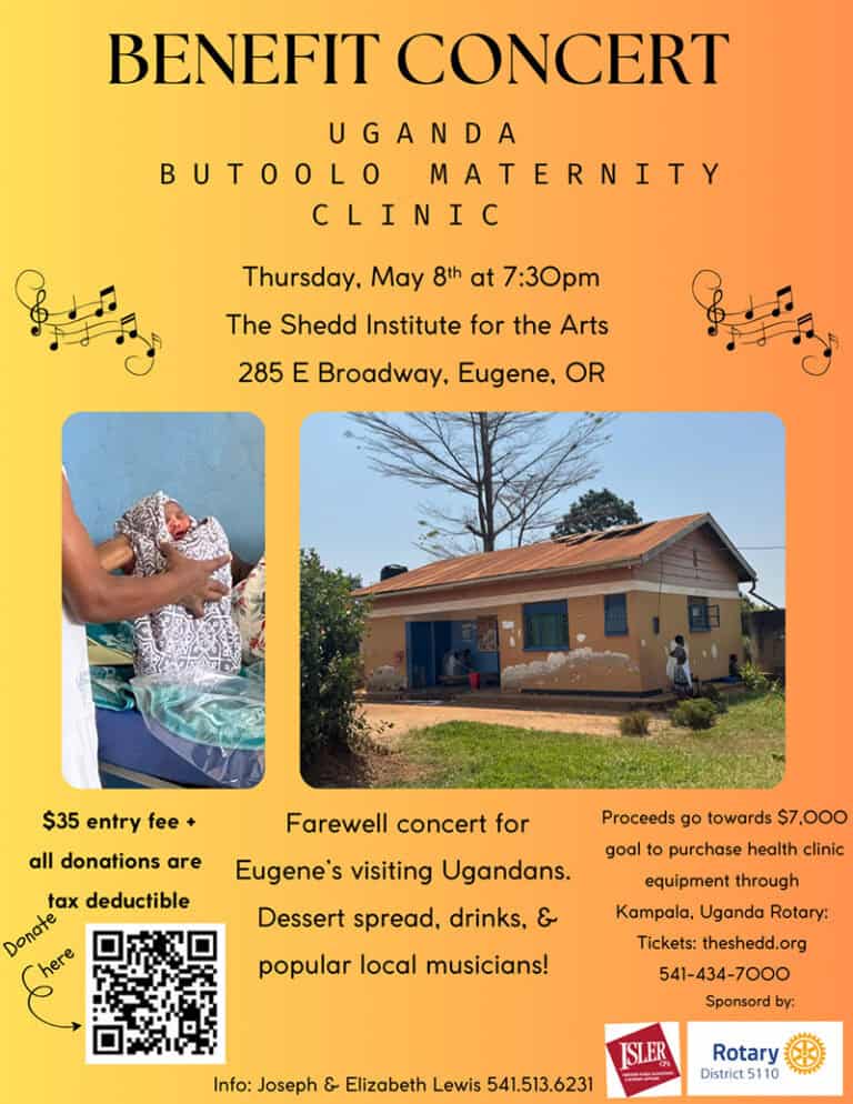 Benefit concert graphic for Uganda Butoolo Maternity Clinic.
