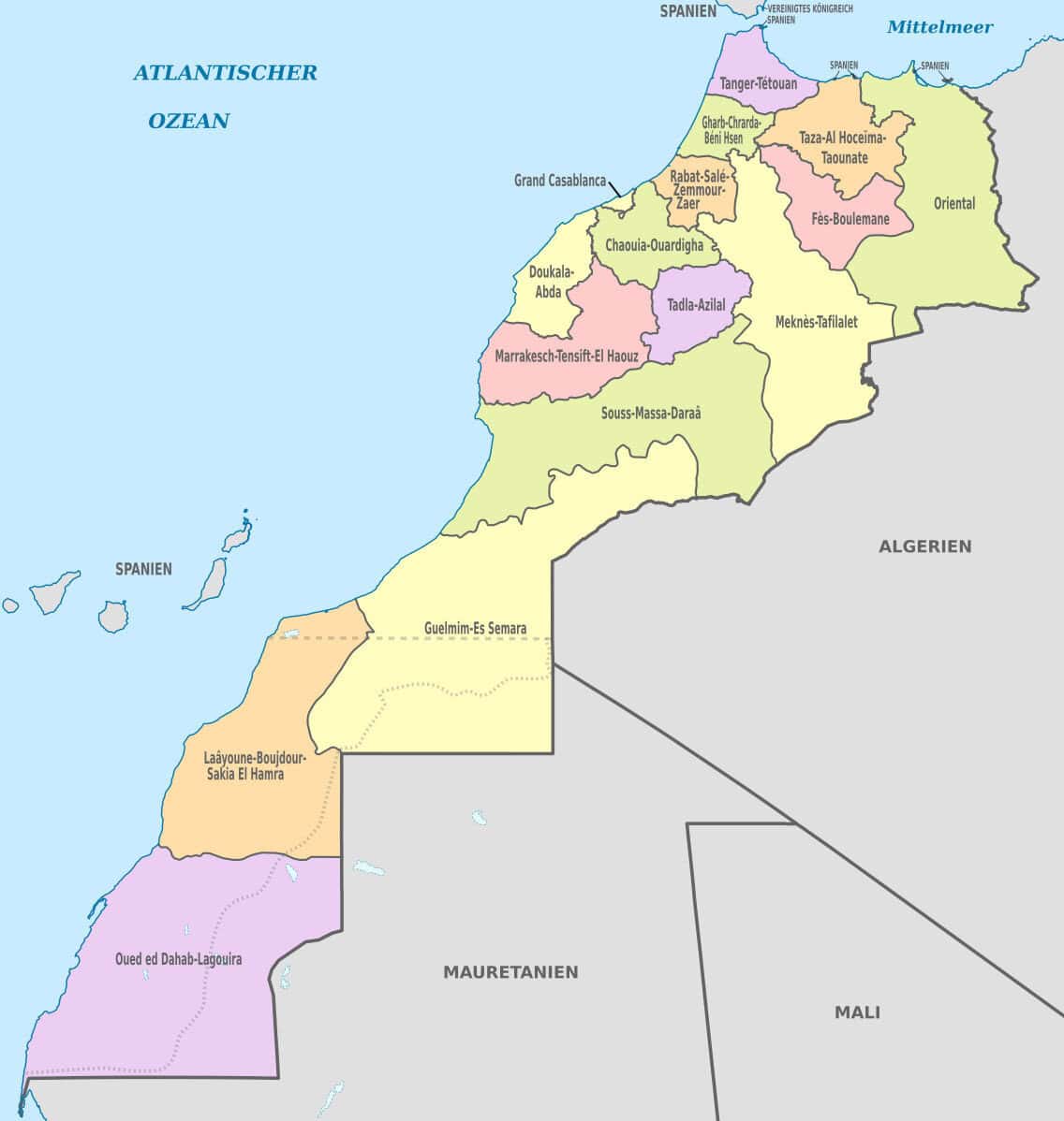 Map of Morocco delineating different regions