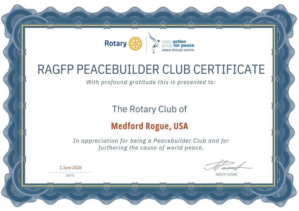 Peacebuilder Club Certificate Rotary Club of Medford Rogue