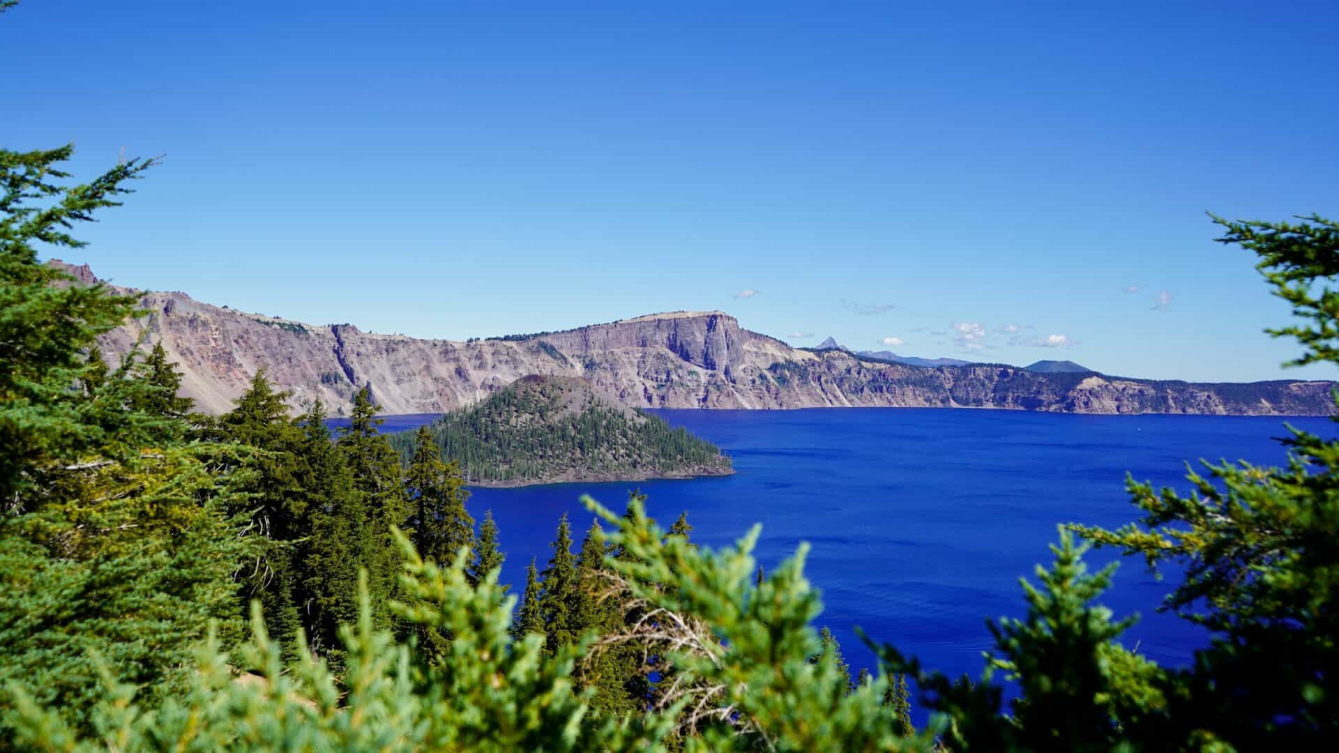 Blue water of Crater Lake in Crater Lake National Park, Chiloquin, United States